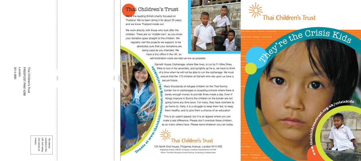 Exterior spread of trifold, bright colors and heart warming photos of orphan residents.
