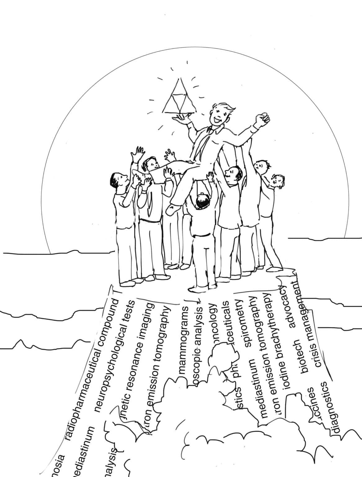 Frame one illustrative story showing mountaintop and celebratory group.
