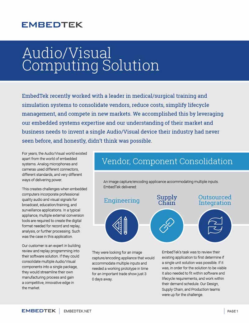 Audio Visual case study for Embedtek, page one.
