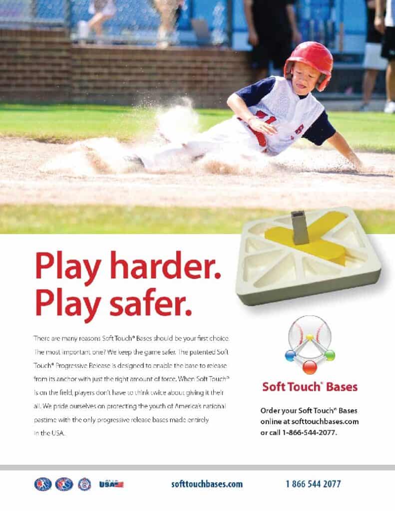 Print ad for Soft Touch Bases, a safety product for little league baseball.