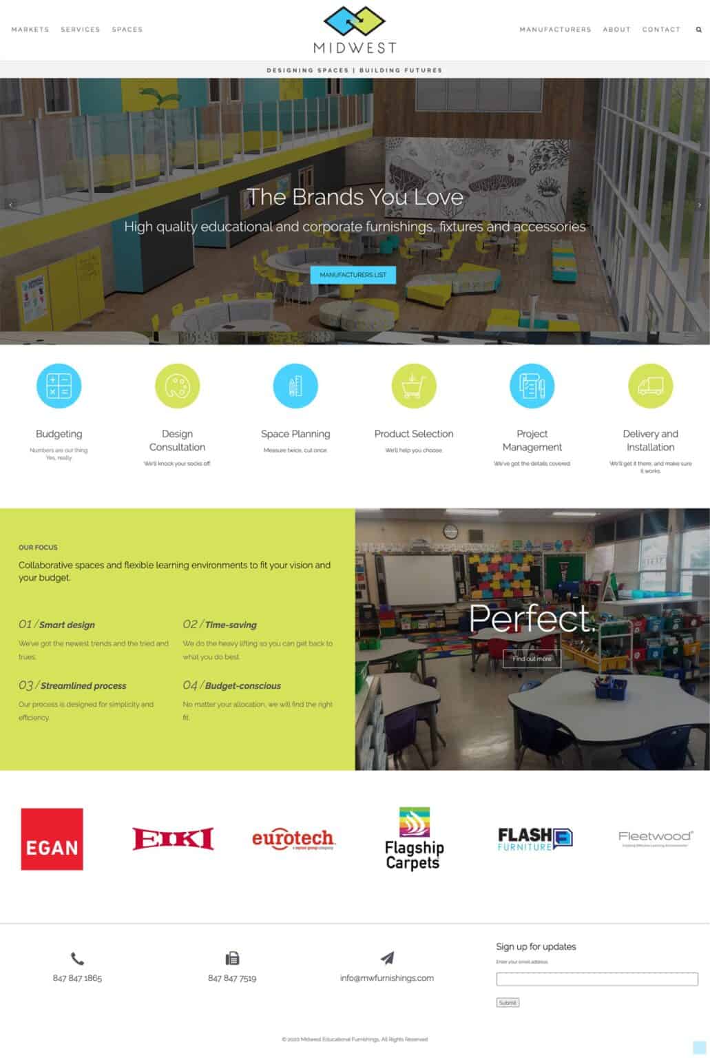 Home page design for Midwest Educational Furnishings.