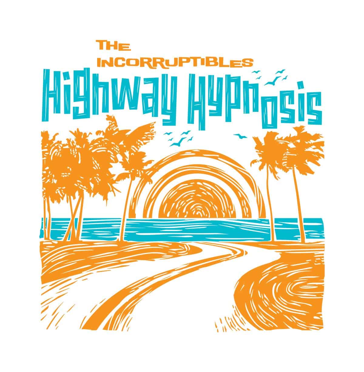 Highway Hypnosis tee shirt art, white background.