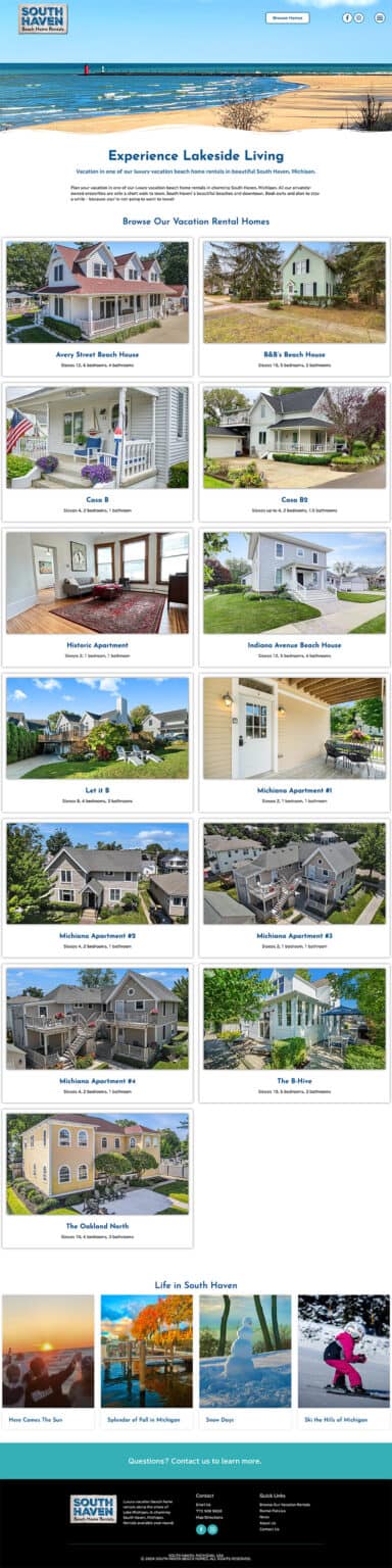 Home page for luxury vacation home rentals in South Haven, Michigan.