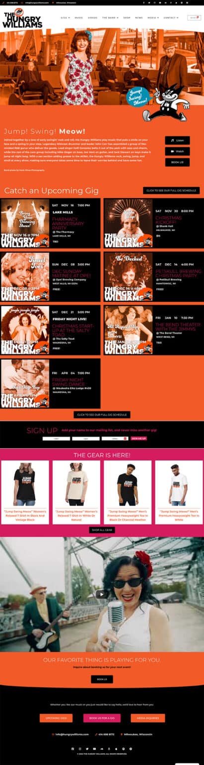 Home page for the Hungry Williams, local swing band.