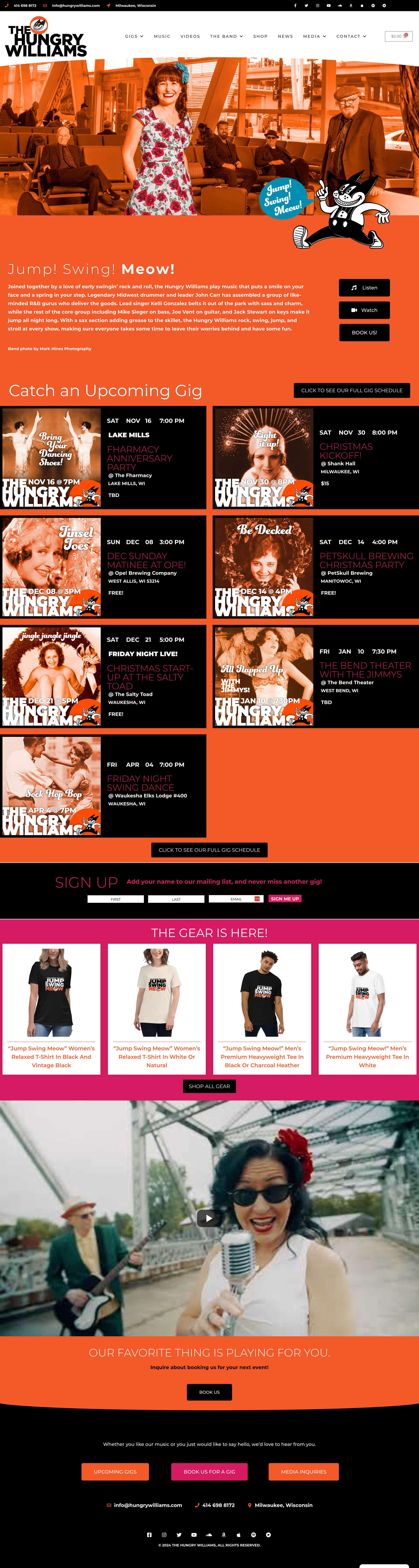 Home page for the Hungry Williams, local swing band.
