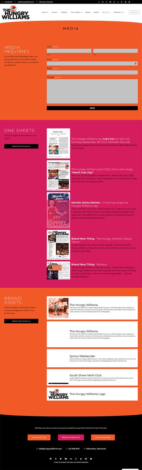 Media page with contact details and downloadable one sheets.