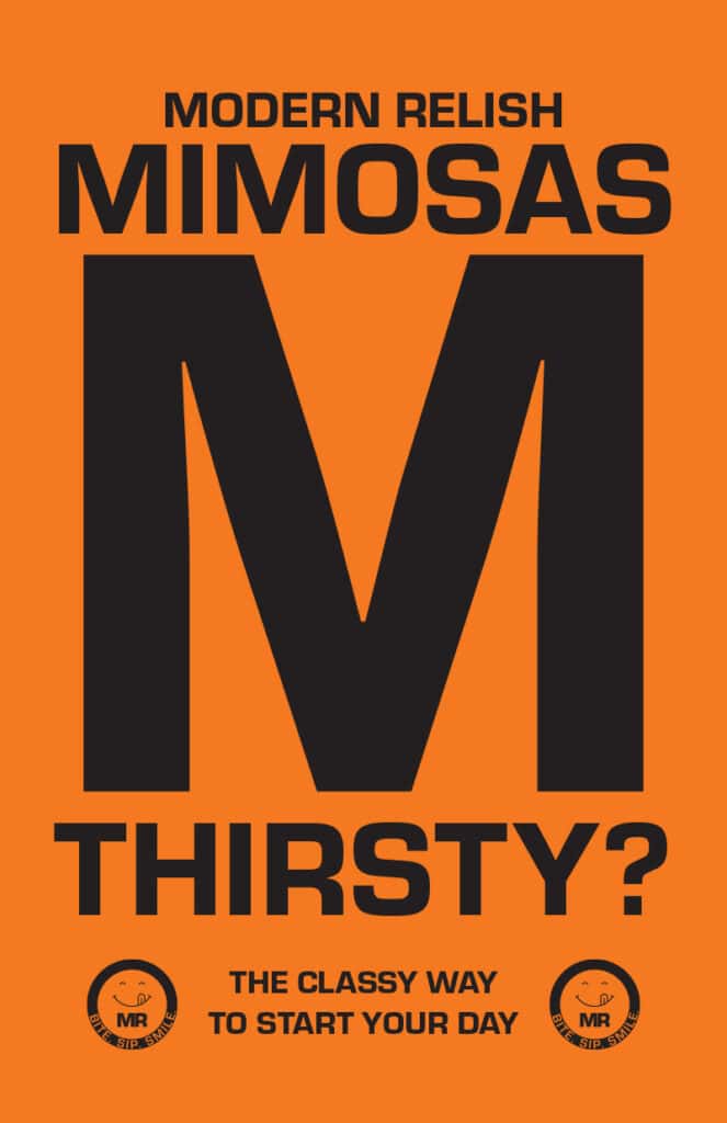 Promotional sign for Mimosas at Modern Relish.