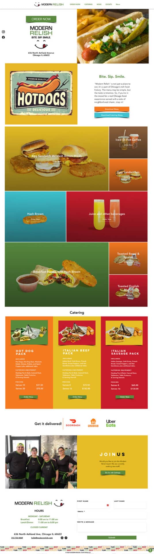 Modern Relish hot dogs and burgers, home page design.