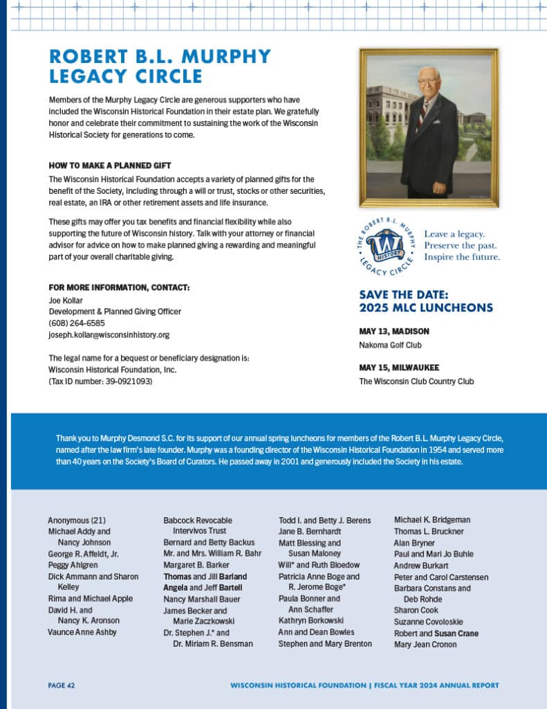 Inside back cover, Legacy Circle listings.