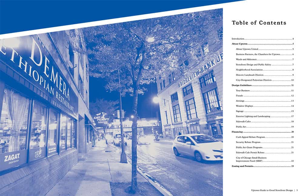 Inside front spread including table of contents.