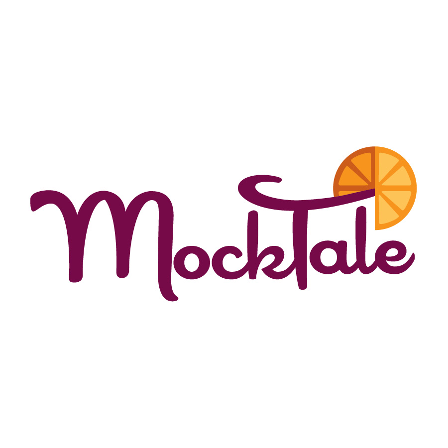 Primary brand mark for MockTale - mid-century style script font with the cross of the "T" curved to look like the top of a cocktail glass, including a colorful orange slice.