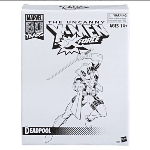 "6-inch Marvel Legends Deadpool figure in classic red and blue costume with accessory weapons, in retro packaging."