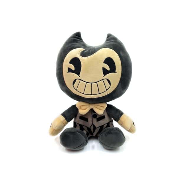 "9-inch Youtooz Bendy plush from the Dark Revival Collection, featuring big black eyes, toothy smile, and pinstripe pants."