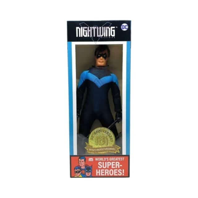 "8-inch Mego DC Nightwing action figure with 26 points of articulation, accessories, and classic-style box."