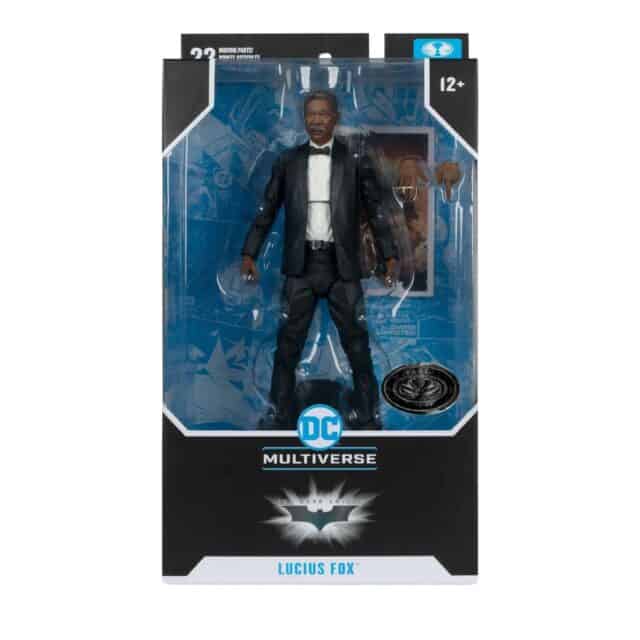 "7-inch McFarlane DC Multiverse Lucius Fox action figure from Batman Begins, with 22 articulation points."