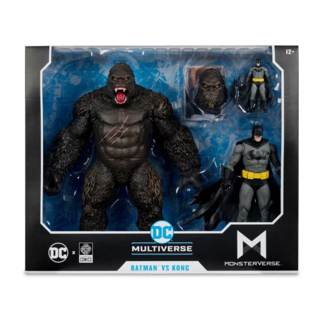 "McFarlane DC Multiverse Batman vs. Kong action figures set including 7" Batman, 12" Kong, and 3" mini Batman figures."