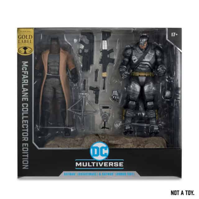 "McFarlane Batman Knightmare & Batman Armor Suit collector figures with multiple accessories and art cards."