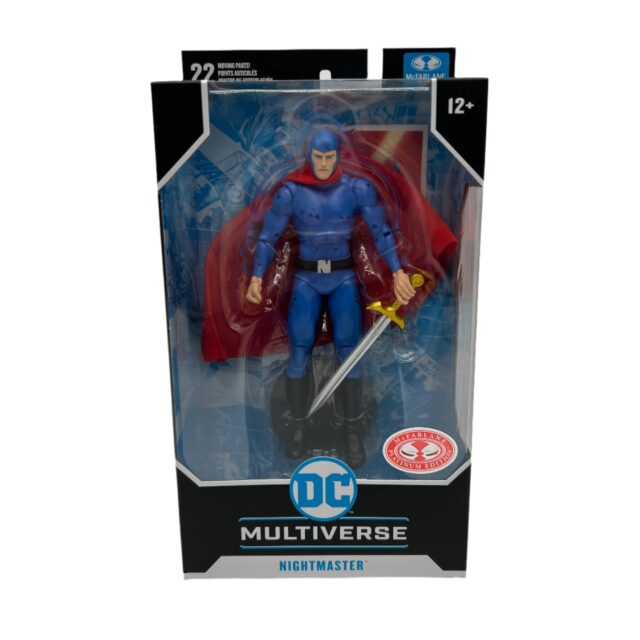 "7-inch mcfarlane dc multiverse nightmaster action figure with detailed likeness, articulation, sword of night accessory, and collectible card. "