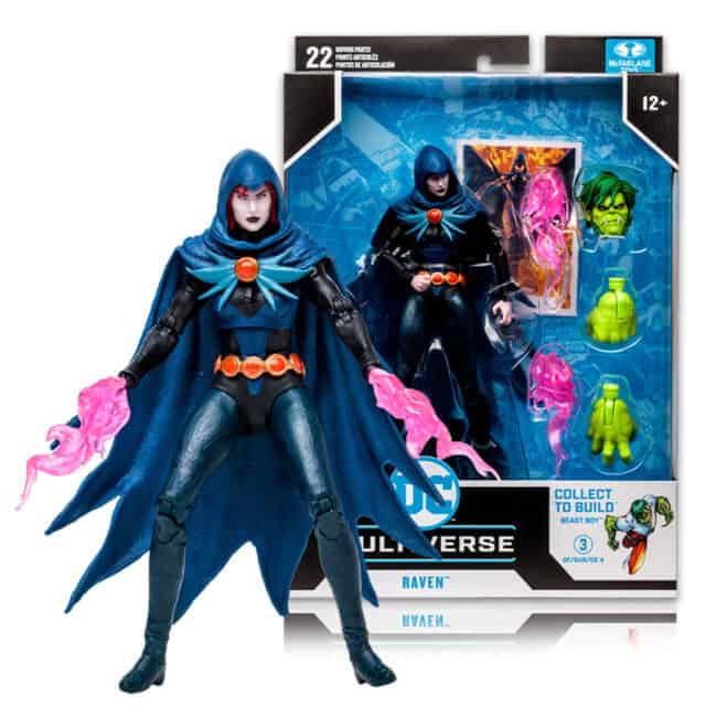 "7-inch McFarlane DC Multiverse Raven action figure with flame effects, Beast Boy build-a figure pieces, and art card."