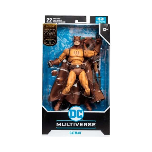 "7-inch mcfarlane dc multiverse catman action figure with two knives, claw hands, fabric cape, and collectible art card. "
