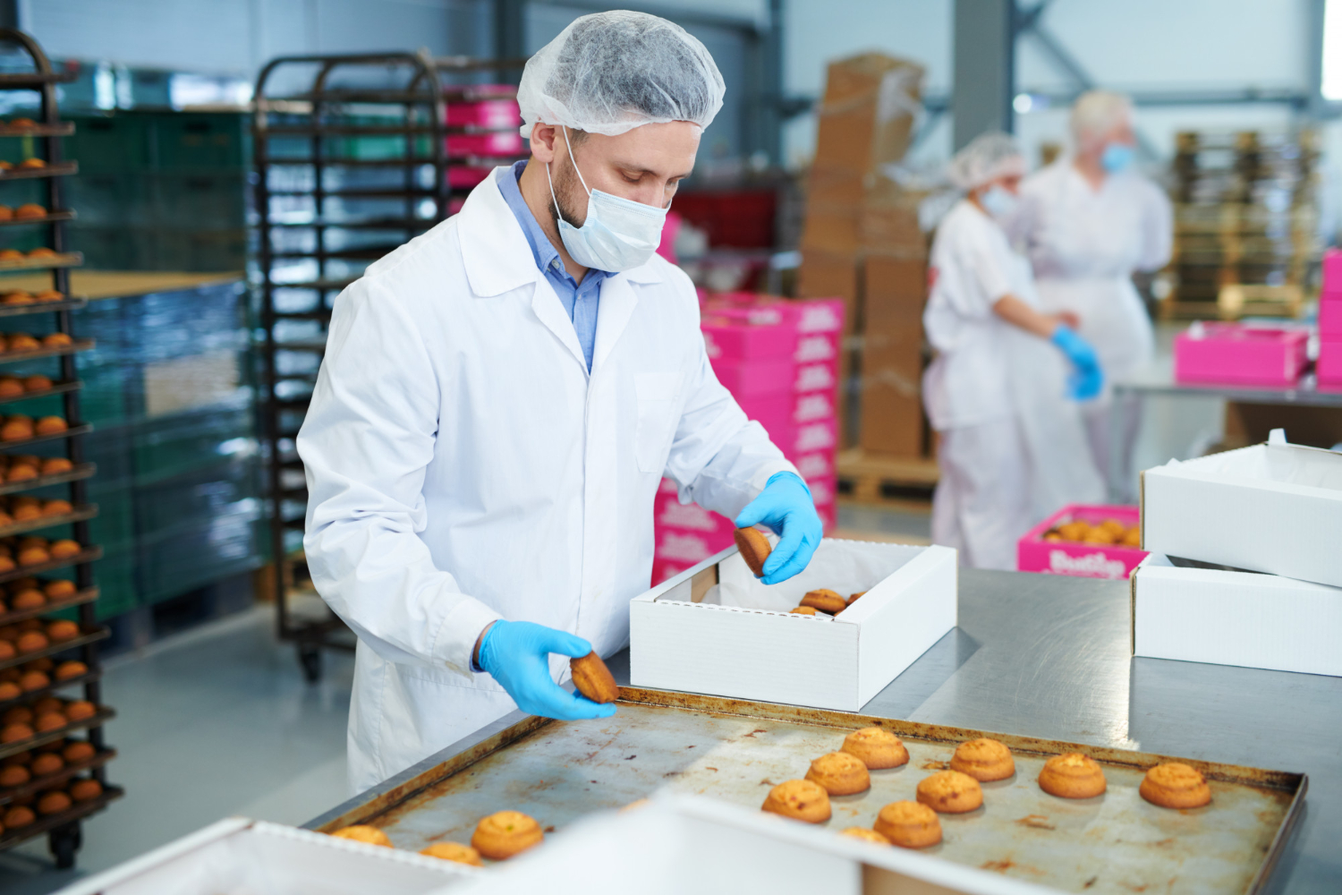 A food production facility worker dressed in a white coat, gloves, mask, and hairnet packages baked goods into white boxes.