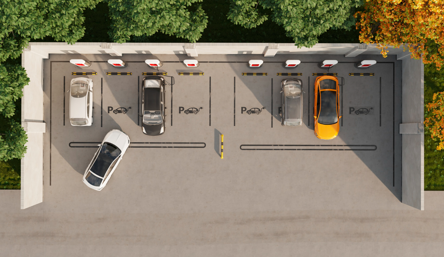 An aerial overhead image of a small parking lot with eight parking spaces. Cars are parked in four spaces, and a fifth car backs up, pulling out of a parking space.