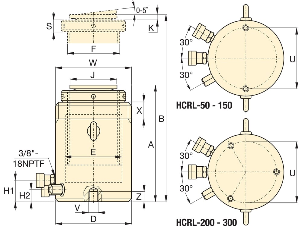 HCRL5012, 50 Ton Capacity, 300mm Stroke, Double Acting Lock Nut Hydraulic Cylinders 6 HCRL Cylinder dim 1000