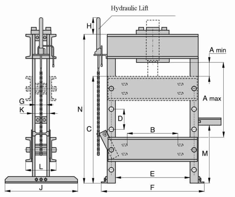 IPE-5010, 50 Ton, H Frame Hydraulic Workshop Press With Electric Pump 1 Hydraulic Press Dimension