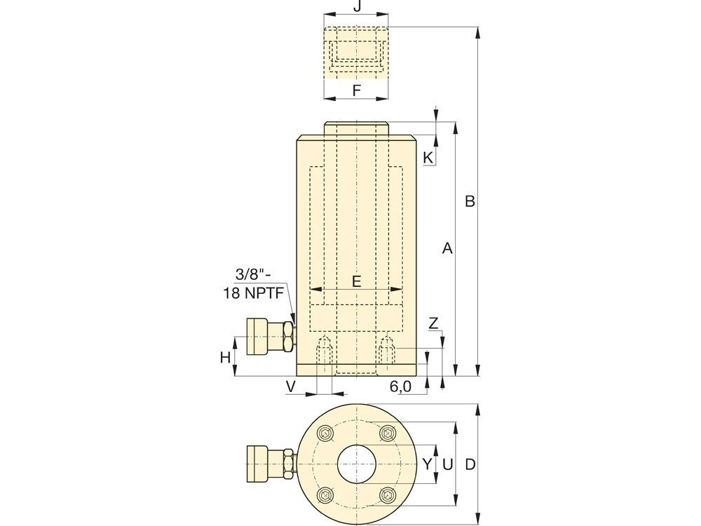 RACH3010, 30 Ton Capacity, 250mm Stroke, Single Acting Hollow Plunger Aluminum Hydraulic Cylinders 10 Single Acting Hollow Plunger Aluminum Hydraulic Cylinders Dimension Drawing