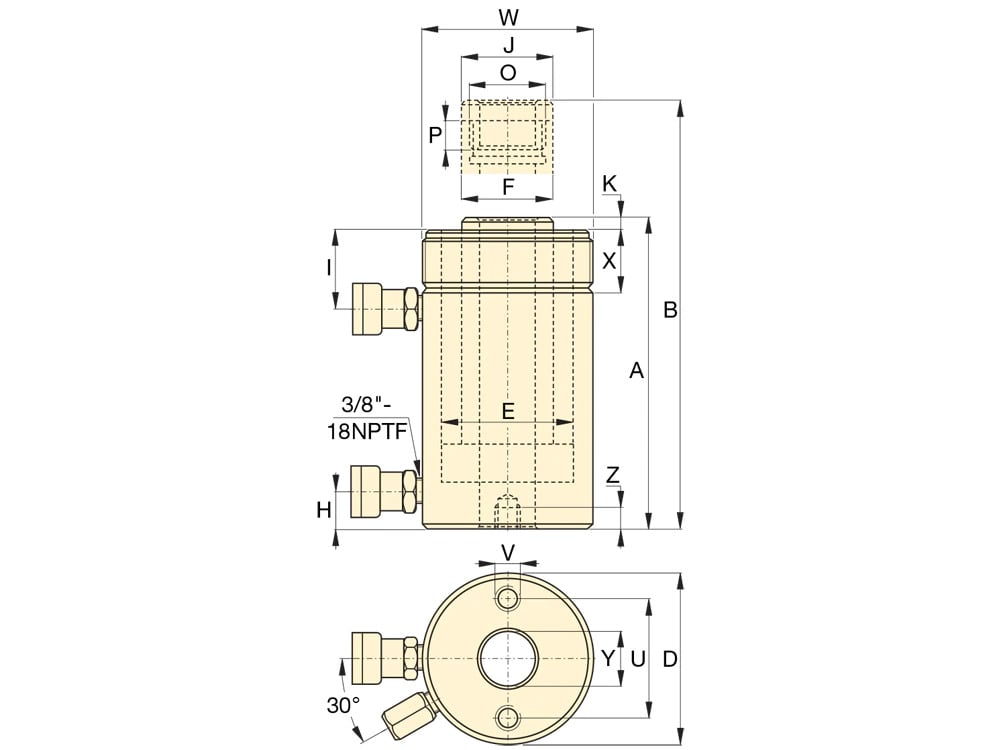 RRH10010, 95 Ton Capacity, 257mm Stroke, Double Acting Hollow PLunger Hydraulic Cylinder 10 Double Acting Hollow PLunger Hydraulic Cylinder Dimension Drawing
