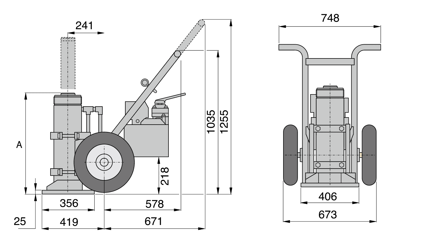 RJI5020, 50 Ton Capacity, 508mm Stroke, Hydraulic Wheeled Jack 7 Dimension