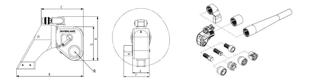 3MXT, 447-4466Nm, Square Drive Hydraulic Torque Wrench 1 dimension