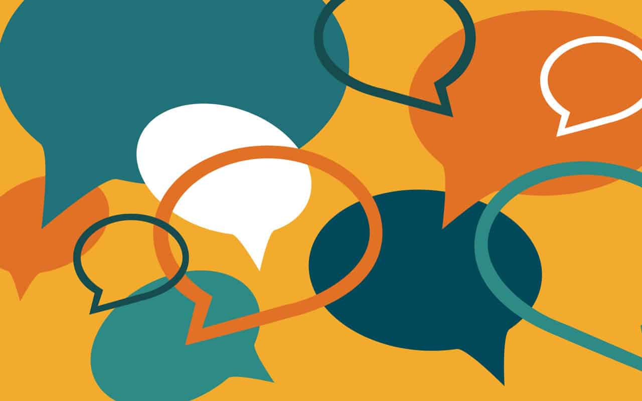 Grapic with yellow background and multicolor icons of chat bubbles