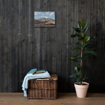 Una cesta de mimbre con libros y una manta azul claro reposa sobre una pared de madera oscura, acompañada de una planta verde en maceta a la derecha. Arriba, la foto del paisaje del Lienzo Teide de Arte Decorativo añade elegancia a la escena.