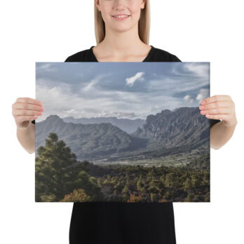 Una persona sostiene un Lienzo Caldera de Taburiente, que muestra un paisaje pintoresco con colinas verdes onduladas, un bosque denso y una cadena montañosa bajo un cielo parcialmente nublado. Con una camisa negra y el rostro oculto, admira la belleza atemporal de esta obra de arte como arte decorativo ideal.
