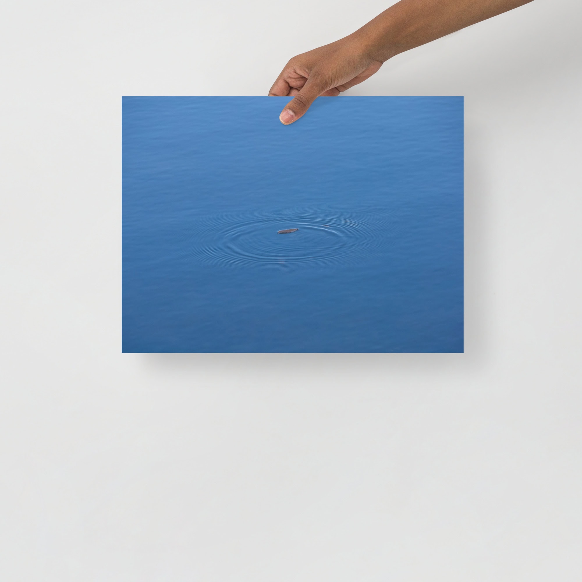 Una mano sostiene una fotografía titulada "Póster hoja sobre agua azul", que muestra la tranquilidad de una superficie de agua azul tranquila con suaves ondulaciones que emanan de un pequeño objeto en el centro. Esta obra de Volcanica Productions es un ejemplo exquisito de Arte Decorativo, que captura a la perfección la esencia de la serenidad sobre un fondo blanco simple y liso.