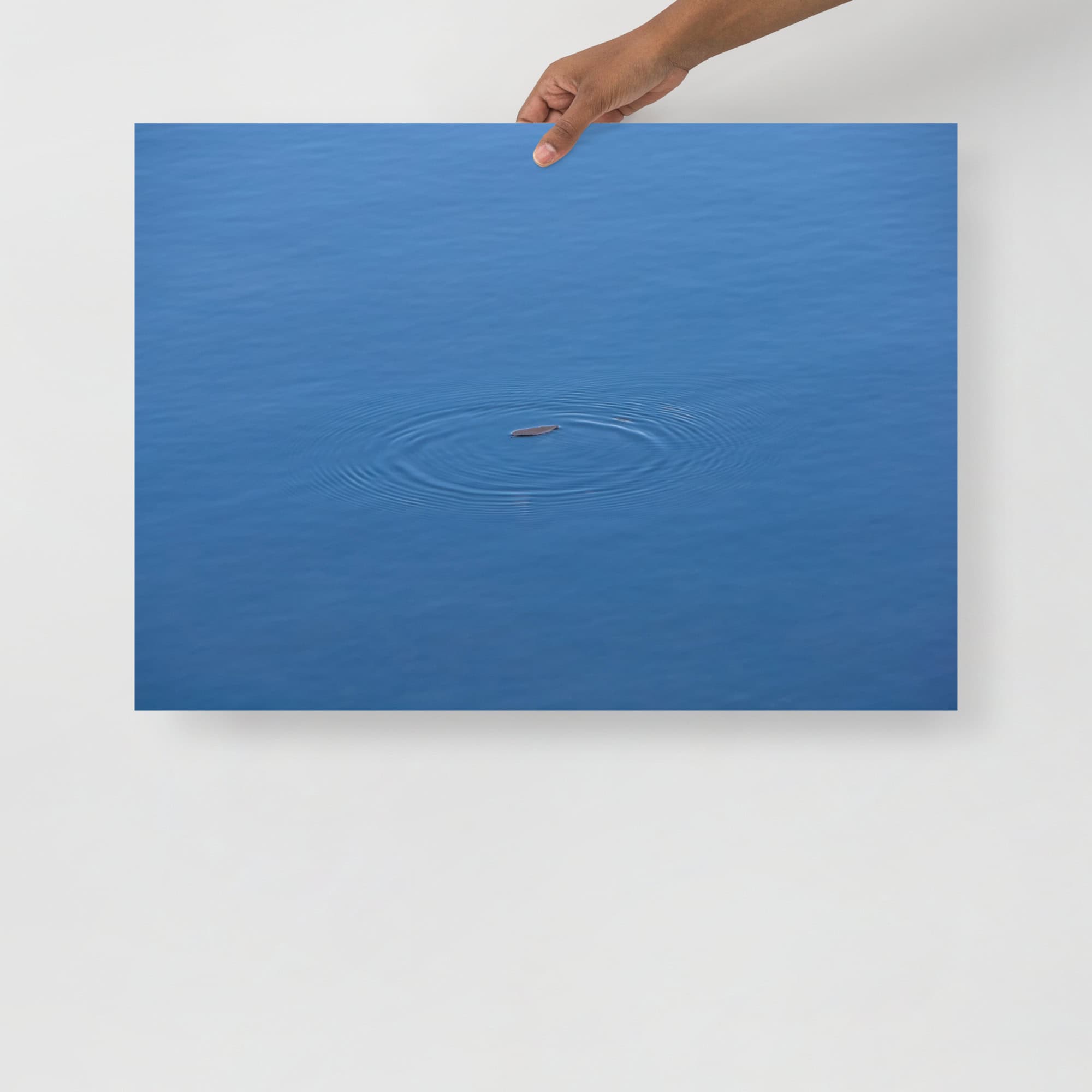Una mano muestra el "Póster hoja sobre agua azul" de la colección Arte Decorativo de La Palma, que presenta un primer plano de una serena superficie de agua azul con suaves ondulaciones que irradian desde una pequeña perturbación central, disponible exclusivamente en nuestra tienda online.