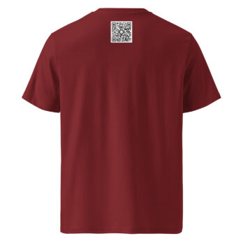 Una camiseta granate de Volcanica Productions, llamada "Camiseta unisex Telescopios del Roque de los Muchachos", presenta un código QR impreso en la parte superior de la espalda.