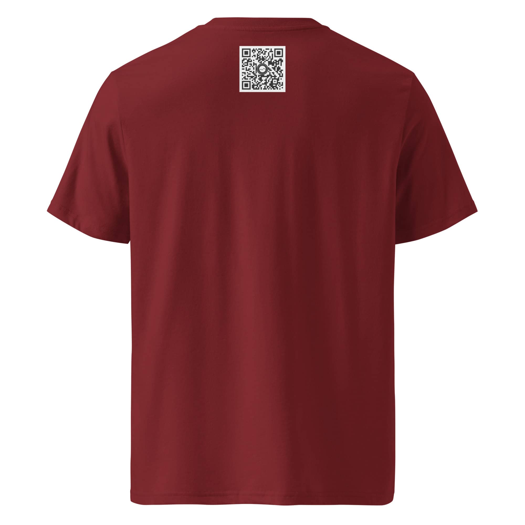 Una camiseta granate de Volcanica Productions, llamada "Camiseta unisex Telescopios del Roque de los Muchachos", presenta un código QR impreso en la parte superior de la espalda.