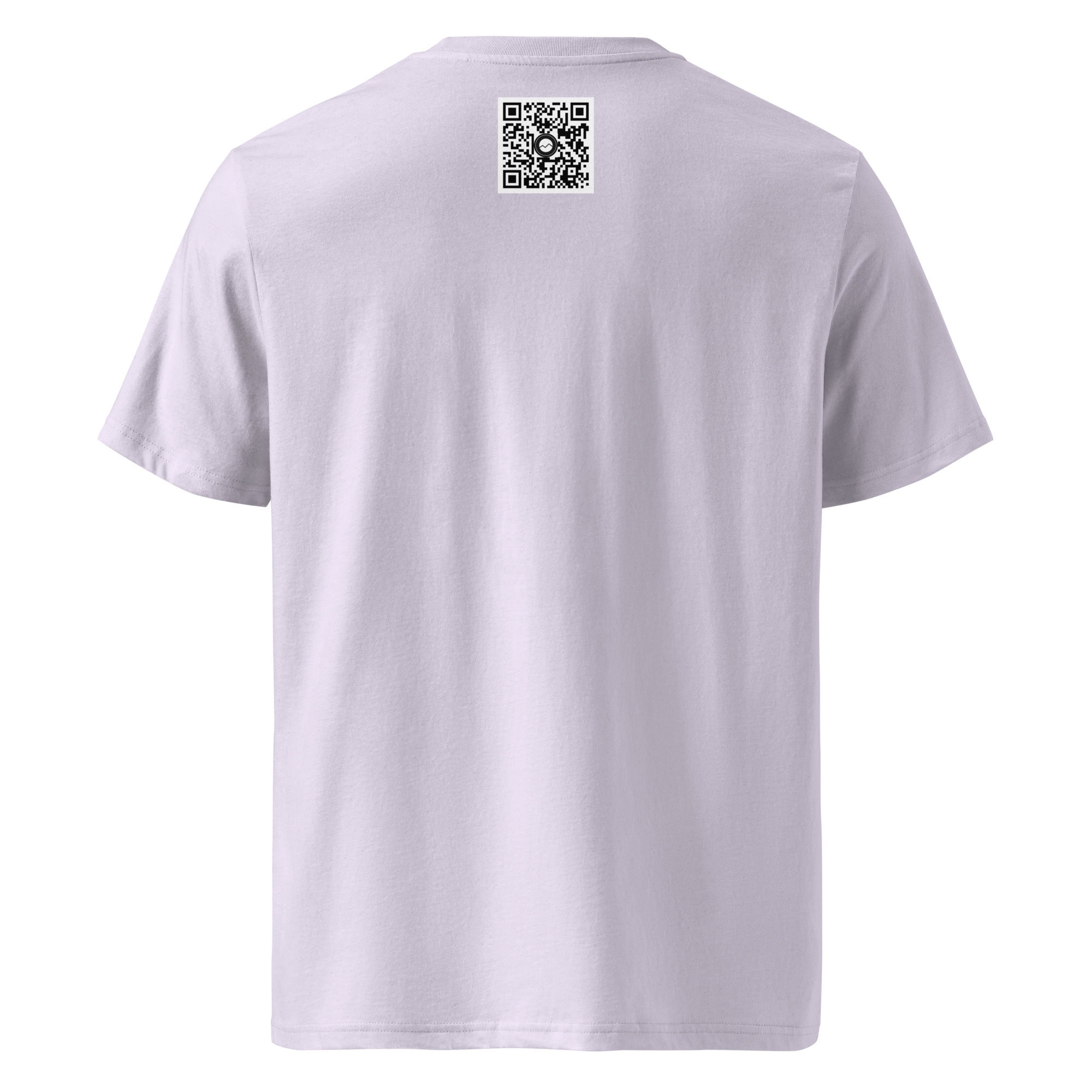 Una camiseta unisex Los Ajaches blanca lisa vista desde atrás, con un pequeño código QR negro centrado en la parte superior cerca del escote, perfecto para mostrar tu Arte Decorativo favorito o vincular directamente a tu Tienda Online.