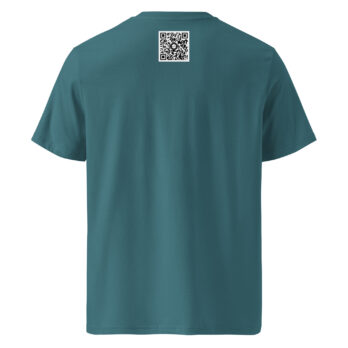 Camiseta unisex Los Ajaches mostrada de espaldas, presenta un código QR en blanco y negro centrado cerca del escote, reflejando la esencia de Paisajes Canarios.