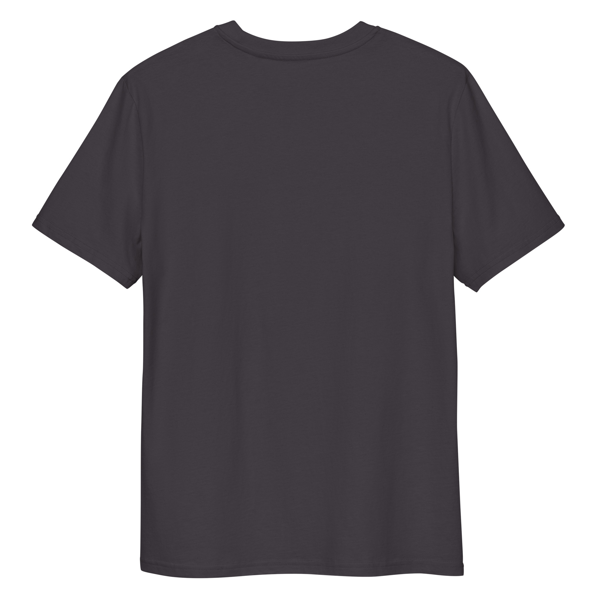 La camiseta unisex Teide y Paloma en color gris oscuro liso se muestra de espaldas, con manga corta y escote redondo.