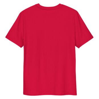 La camiseta unisex Teide y Paloma es una camiseta roja lisa de manga corta con un diseño clásico, que se muestra por la espalda. Presenta un tejido suave sin logotipos ni estampados, ofreciendo un estilo atemporal.