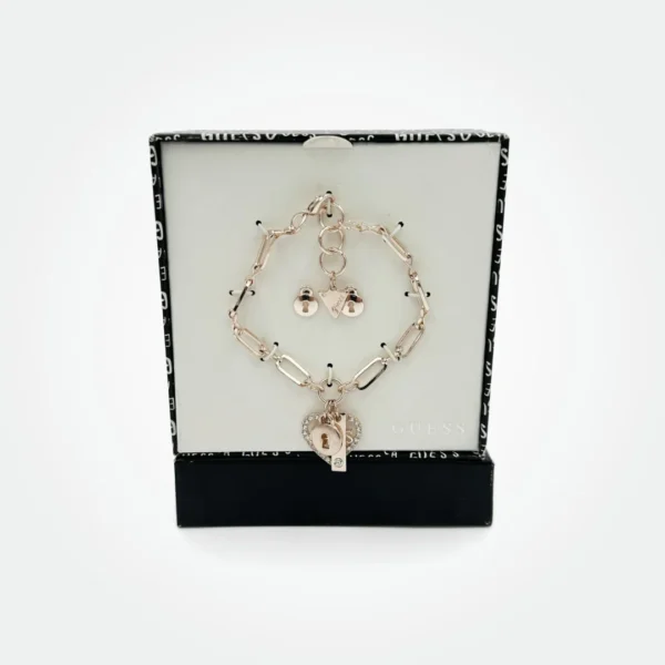 GUESS ROSE GOLD-TONE HEART CHARM BRACELET AND STUD EARRINGS BOX SET