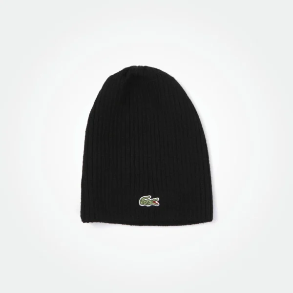 LACOSTE MEN'S GREEN CROCODILE RIBBED WOOL BEANIE