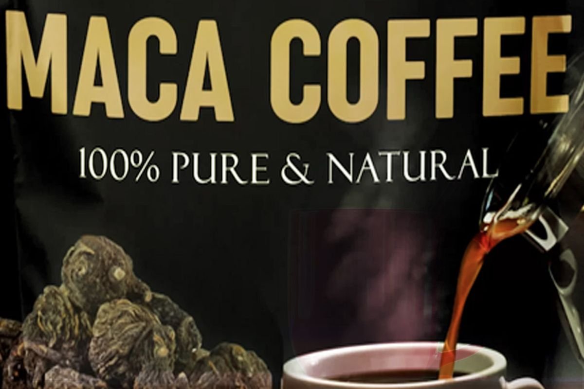 A Cup Of Steaming Maca Coffee Surrounded By Maca Root Powder And Coffee Beans.