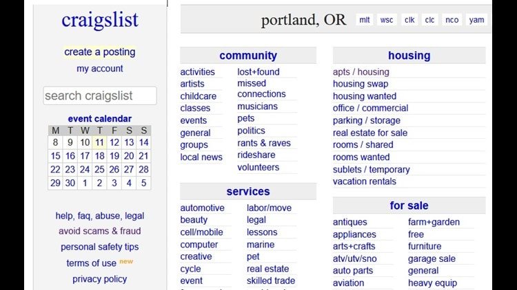 Diversity Of Items And Services Available On Craigslist Portland