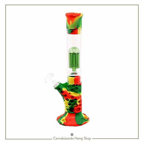 Bong in silicone e vetro - Atomic Rasta con percolatore e para-schizzi