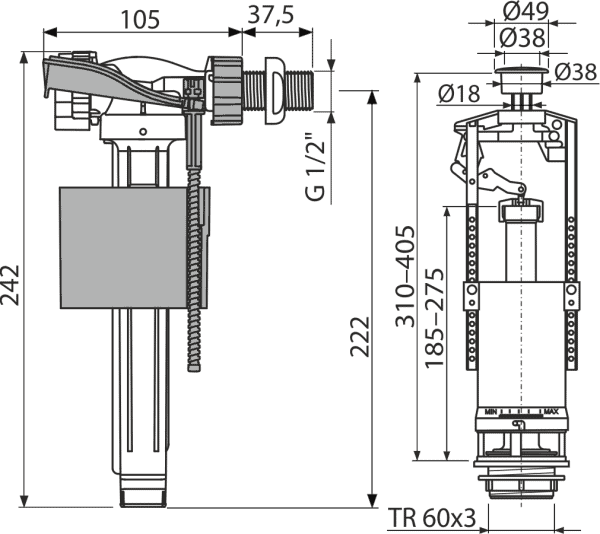 Chrom mecanism WC simplă apăsare + flotor 1/2'' ALCA - imagine 2