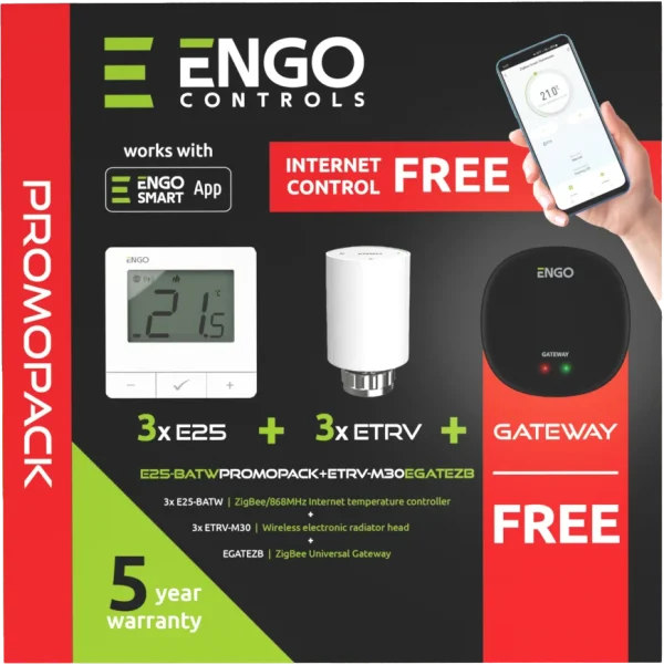Promopack E25-BATW Controller x 3buc alb + ETRV-M30 x 3buc + EGATEZB Internet Gateway x 1buc gratuit